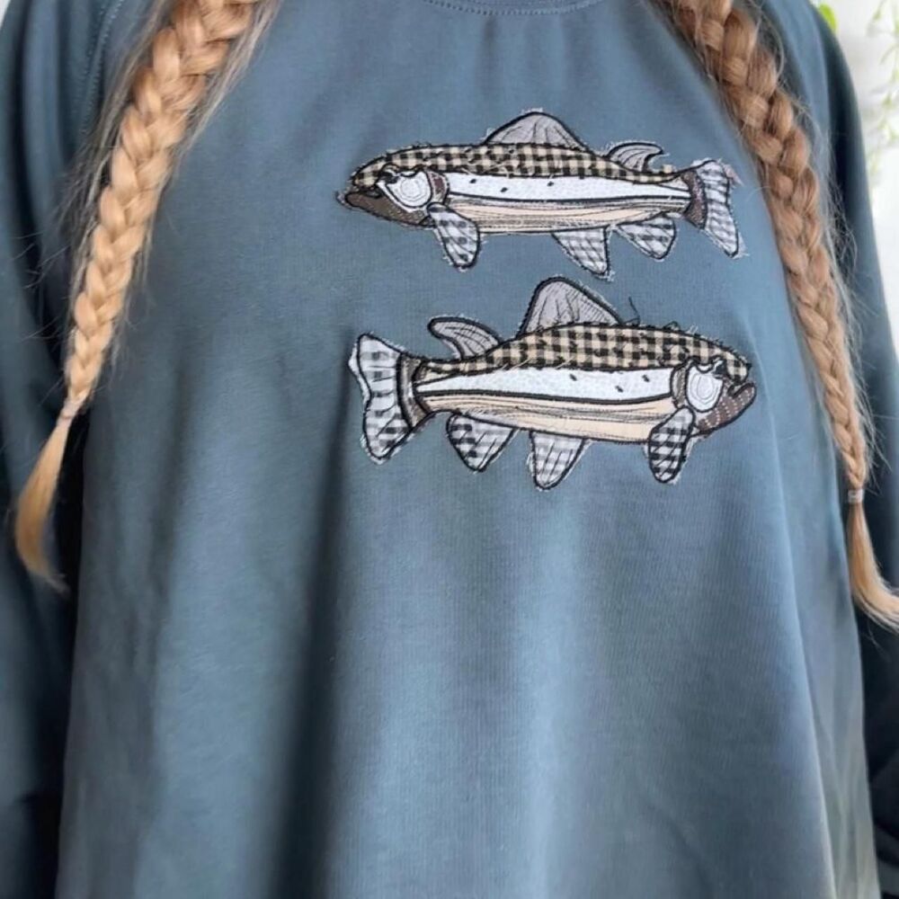 NWT vintage patchwork fish embroidered denim blue crewneck sweatshirt